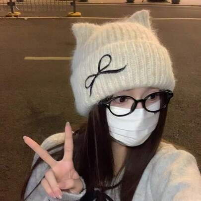 모자, 사랑스러운 고양이 귀, 가을과 겨울 신상 니트 모자, 겨울 따뜻한 리본, 작은 방한 모자, 울 모자