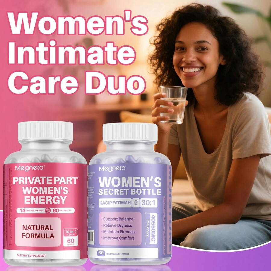 MEGNETA Double Vaginal Care With Probiotics - Eliminates Odors, PH Balances And Offers Tightening + Hydration | NATURAL AND PURE VITALITY--2 Bottles-Pack-120 Vegan Capsules - Một gói - Hai chai - Xem 1