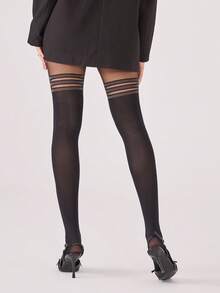 1 buc. dresuri pentru femei 30D, cu dungi argintii, până la coapsă, tip faux, confortabile - Negru - Vizualizare 6