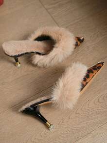 Women's Furry High Heel Mule Sandals, Fashion Closed Toe Pointed Toe Stiletto Slip On Slippers,Kitten Heels - Brown - View 4