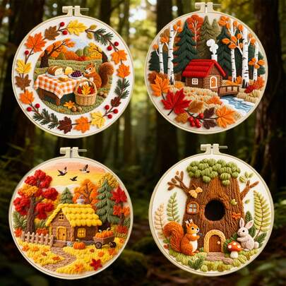 [Printed Embroidery Craft Kit] Beginner DIY Handmade Set Includes Needles, Threads, Multiple Forest Theme Patterns To Choose From (Autumn Forest Cabin/Tree House Friends/Autumn Picnic), Home Decor Creative Handcraft, Embroidery Starter Kit