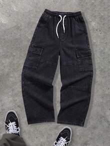 1 件男童时尚休闲复古水洗牛仔裤，带侧袋，秋冬新品 - 黑色 - 查看 1