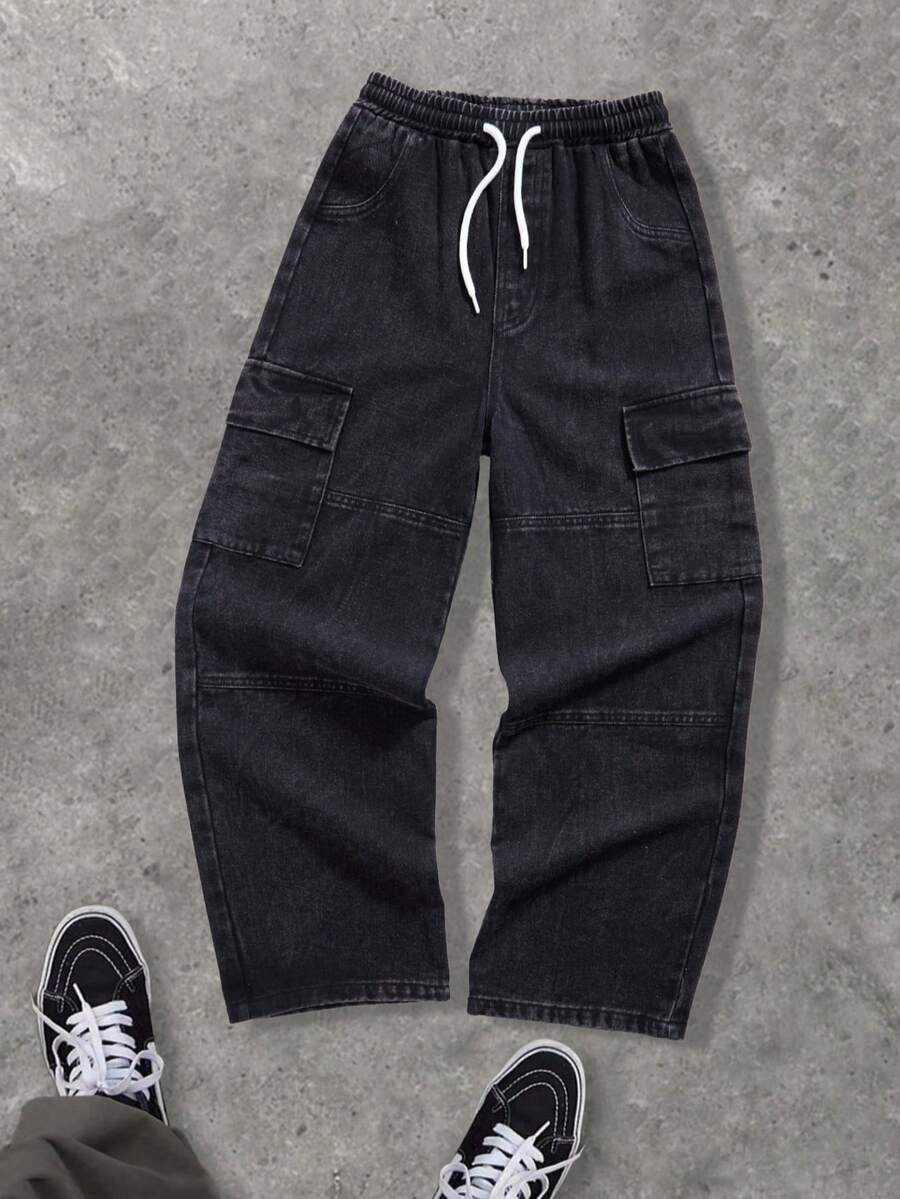 1 件男童时尚休闲复古水洗牛仔裤，带侧袋，秋冬新品 - 黑色 - 查看 1