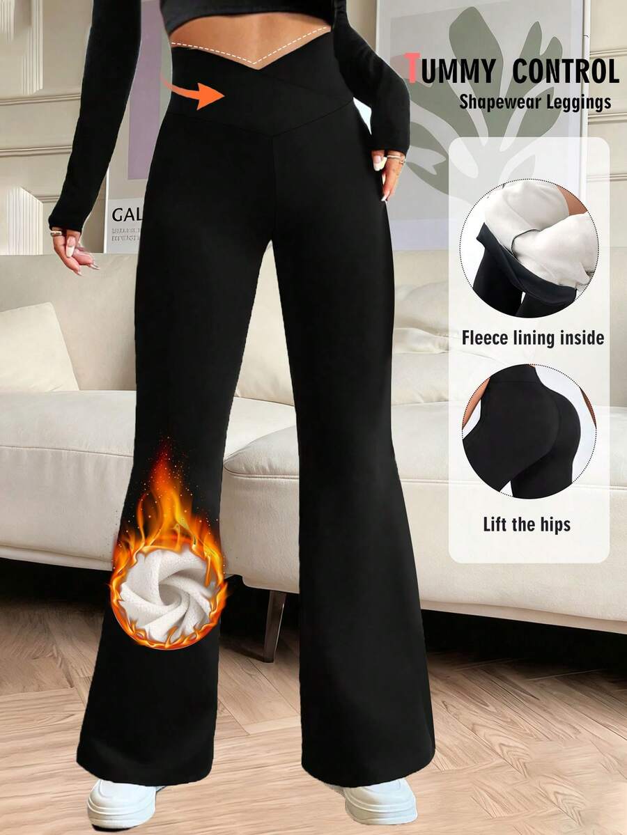 Women's High Waist Flare Pants, Warm & Comfortable Fabric, Criss-Cross Waist Design, Warm & Skin-Friendly, Elastic, Solid Color, Lift Buttocks & Slim Waist Thermal Lined Thick Pants, Suitable For Cold Weather In Autumn/Winter, Criss-Cross Waist Flare Pants, Women's Leggings, Yoga, Fitness, Loungewear - Black - View 1