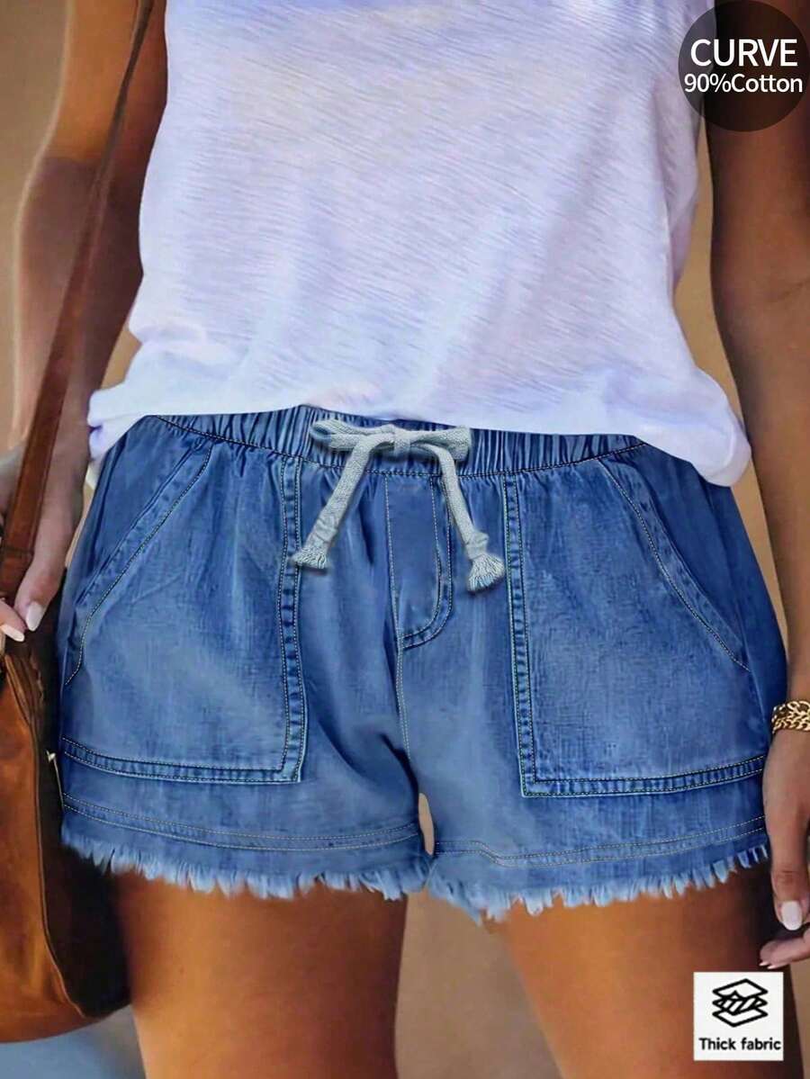 Women's Plus-Size Loose-Fit Drawstring Waist Slant Pocket Denim Shorts - Dark Wash - View 1