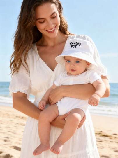 1pc Of Baby White Embroidered MAMA Bucket Hat Suitable For Keeping Warm