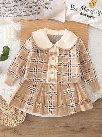 2pcs Girls Knitted Sweater Set, Classic Bow Cardigan & Pleated Skirt, Holiday Gift, Outfit For Outings & Christmas