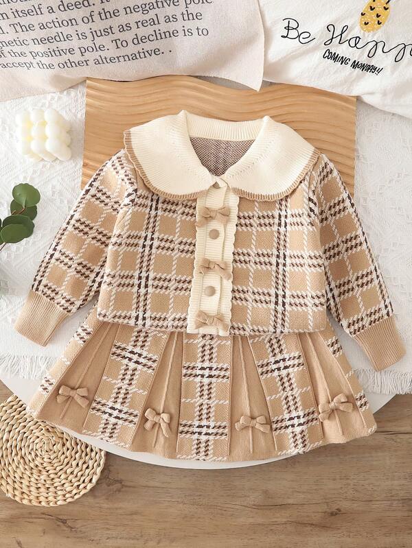 2pcs Girls Knitted Sweater Set, Classic Bow Cardigan & Pleated Skirt, Holiday Gift, Outfit For Outings & Christmas