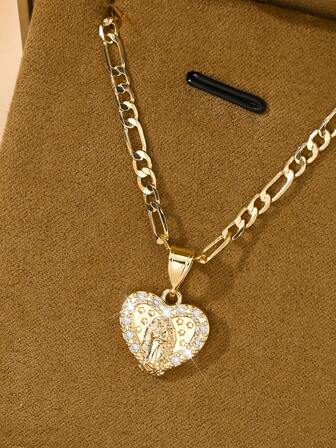 1件欧美风格新款铜镶嵌锆石低过敏时尚信仰小巧可叠戴组合心形瓜达卢佩圣母玛利亚吊坠项链，适合作为圣诞节/感恩节/万圣节/母亲节/情人节礼物送给情侣/朋友/教父母，天主教初领圣体礼物，日常及节日佩戴祈祷。