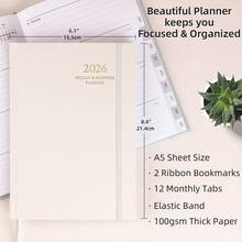 2026年计划本 - 周计划和月计划本，2026年1月至2026年12月，亚麻布精装本，带标签的2026年日历计划本，美观大方，是办公、家庭和学校的理想用品。