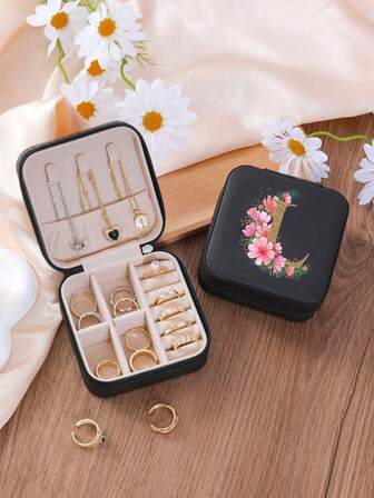 1pc New Printed Jewelry Storage Box - Pink Floral & Letter Design, Portable Protective Case With Earring Hooks & Necklace Compartments, Holds Bracelets, Rings, Earrings - Travel-Friendly Multifunctional Jewelry Box, Soft Lining, Fashionable Printed Letter Jewelry Organizer Suitable For Travel Jewelry, Ideal Gift For Women/Girls, Suitable For Weddings, Holidays, Personalized Jewelry Box, Compact Portable Jewelry Storage Box