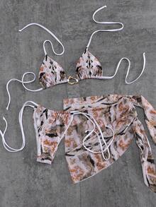 3pcs Wavy Kiss New Women's Tie-Dye Bikini Set, With Metal Ring Detail And Mesh Coverup, Elegant Vintage Watercolor Print Swimwear Beach Vacation White - White - View 8