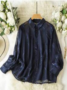 Damen Bluse in Große Größen, Regular Fit, halbdurchsichtiges Blattmuster-Design, Langarm, klassischer Hemdkragen - Blau - Übersicht 8