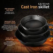 Cast Iron Skillets 3 Piece Set, Chefs Pan, Pre Seasoned Cast Iron Skillets, 6, 8 10 Inches, Easy Use In Oven, Stove, Grill, Or Campfire, Black