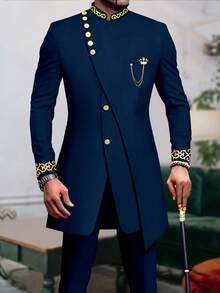 Men's Casual Long-Sleeved Two-Piece Suit, Mid-Length Top And Trousers  Spring/Fall    Pocket  Button Front  Button    Christmas - 紅色 - 查看 1
