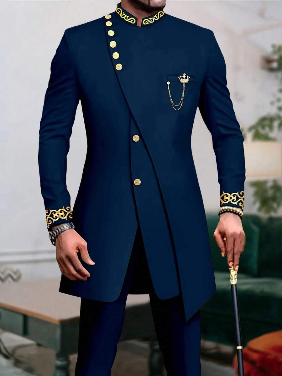 Men's Casual Long-Sleeved Two-Piece Suit, Mid-Length Top And Trousers  Spring/Fall    Pocket  Button Front  Button    Christmas - 紅色 - 查看 1