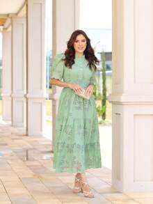 Women's Elegant Floral Embroidered Lace Midi Dress, 100% Cotton, With Puff Sleeves, Front Buttons And Full Skirt - Romantic And Sophisticated Look, Summer 2025 - 淡綠 - 查看 6