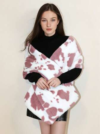 1件仿皮草奶牛纹披肩围巾，超长单肩斗篷披肩，适合新娘婚礼、晚礼服、秋冬外套