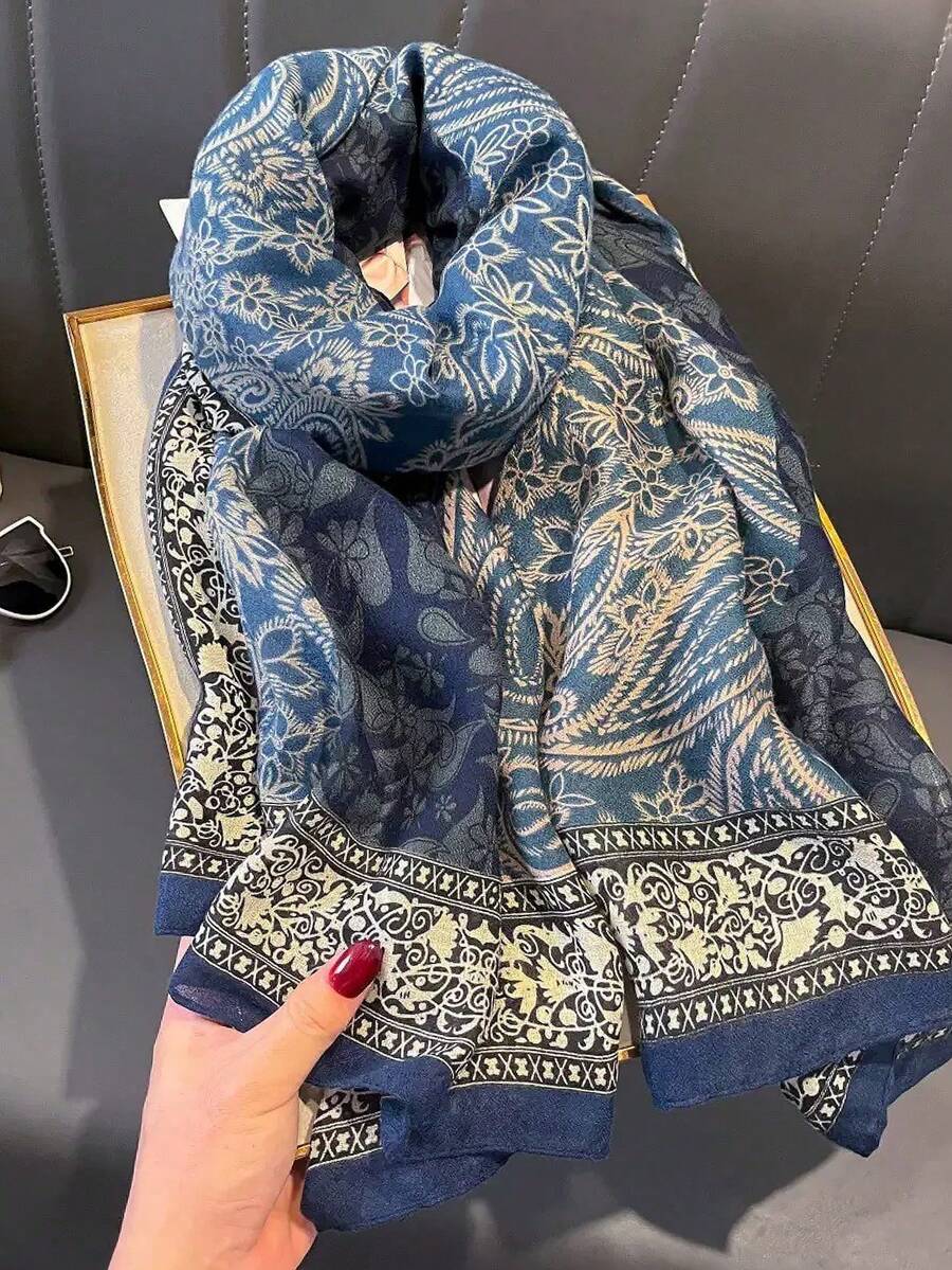 1pc Women's Floral Paisley Print Large Scarf, Satin Soft Skin-Friendly Shawl Scarf, Spring/Summer Sun Protection Beach Wrap - Navy Cashews - View 1