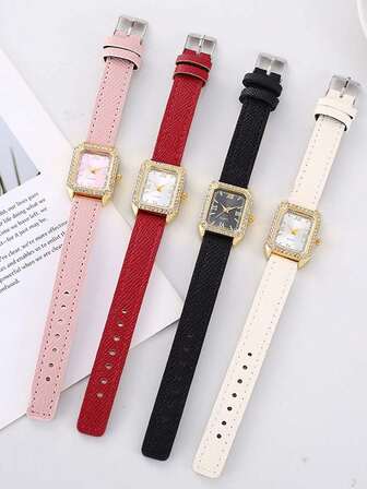 1ชิ้น แฟชั่นลำลองเรียบง่ายสร้างสรรค์หรูหรา พลอยเทียม สี่เหลี่ยมผืนผ้าหน้าปัดนาฬิกาควอทซ์, ของขวัญวันเกิดที่ดี