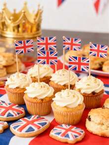 100PCS Union Jack Cake Toppers, 3.5x2.5cm Mini British Flag Cupcake Picks, Wooden Stick Food Decorations For UK Themed Party, Birthday, Afternoon Tea, Dessert Table, Baking Supplies, Patriotic Event Decorations, Cupcake Decor, Cake Accessories, Party Favors - Multicolor - View 1