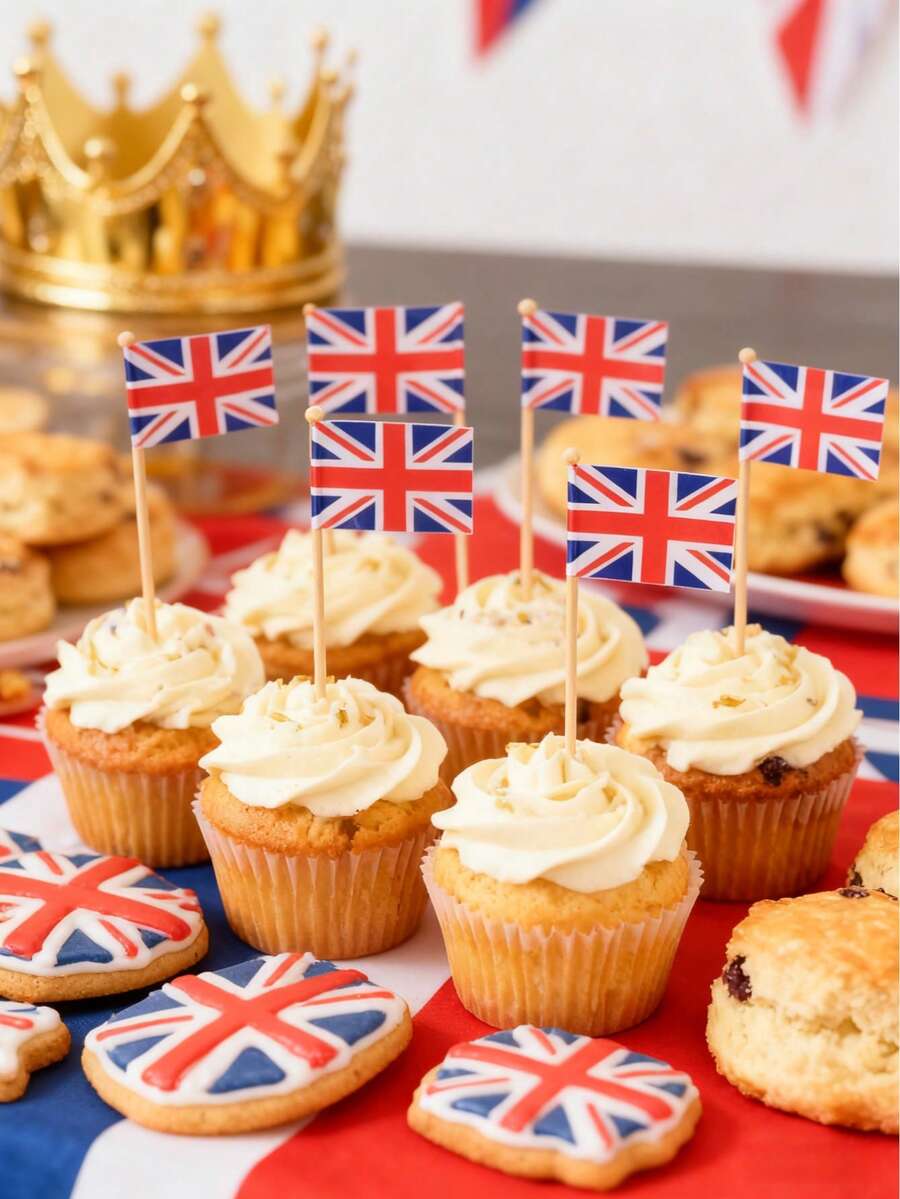 100PCS Union Jack Cake Toppers, 3.5x2.5cm Mini British Flag Cupcake Picks, Wooden Stick Food Decorations For UK Themed Party, Birthday, Afternoon Tea, Dessert Table, Baking Supplies, Patriotic Event Decorations, Cupcake Decor, Cake Accessories, Party Favors - Multicolor - View 1