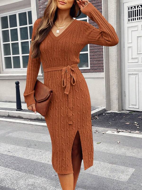 Vestido de Suéter de Manga Longa com Fenda e Cor Sólida Elegante e Romântico para Mulheres