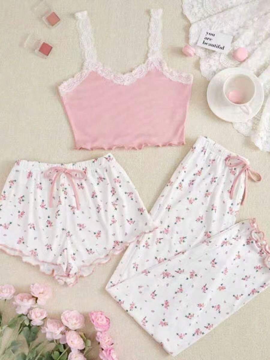 Three-Piece Sets Women's Pajamas  Floral  Fake Drawstring  Lettuce Trim    Knitted Fabric    Sleeveless    Short   Cute  Women's Sleepwear - 粉色 - 查看 1