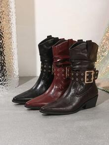 女士时尚褶裥靴，粗跟中筒靴，新款秋冬金属孔眼套脚靴，休闲冬靴，适合假日、派对，尖头中跟通勤靴，牛仔靴 - 棕色 - 查看 10