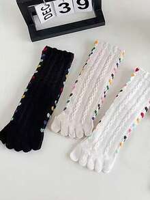 3/5双装女士时尚蕾丝爱心印花五趾过膝袜，透气吸汗，秋冬款式