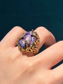 Anillo de flor de rosa púrpura de piedra natural con rama de vid, chapado en oro de 18K con efecto envejecido, joyería para mujer