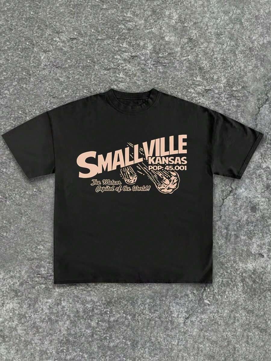 Women's "SMALLVILLE KANSAS" Retro Town Graphic, Round Neck Short Sleeve Casual Cotton 220g Pattern Printed T-Shirt - màu đen - Xem 1