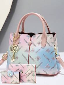 女士时尚包袋套装 - 优雅几何印花、仿皮托特包（带斜挎包和手拿包） - 紫色 - 查看 11