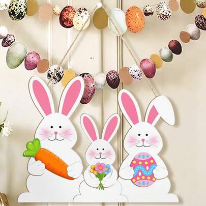 Wooden Easter Decoration Rabbit Door Wreath For Front Door Sign Wall Signs Spring Decoration, Bunny Sign Welcome Hanging For Home Wall Decor Party Outdoor Indoor Supply Happy Easter