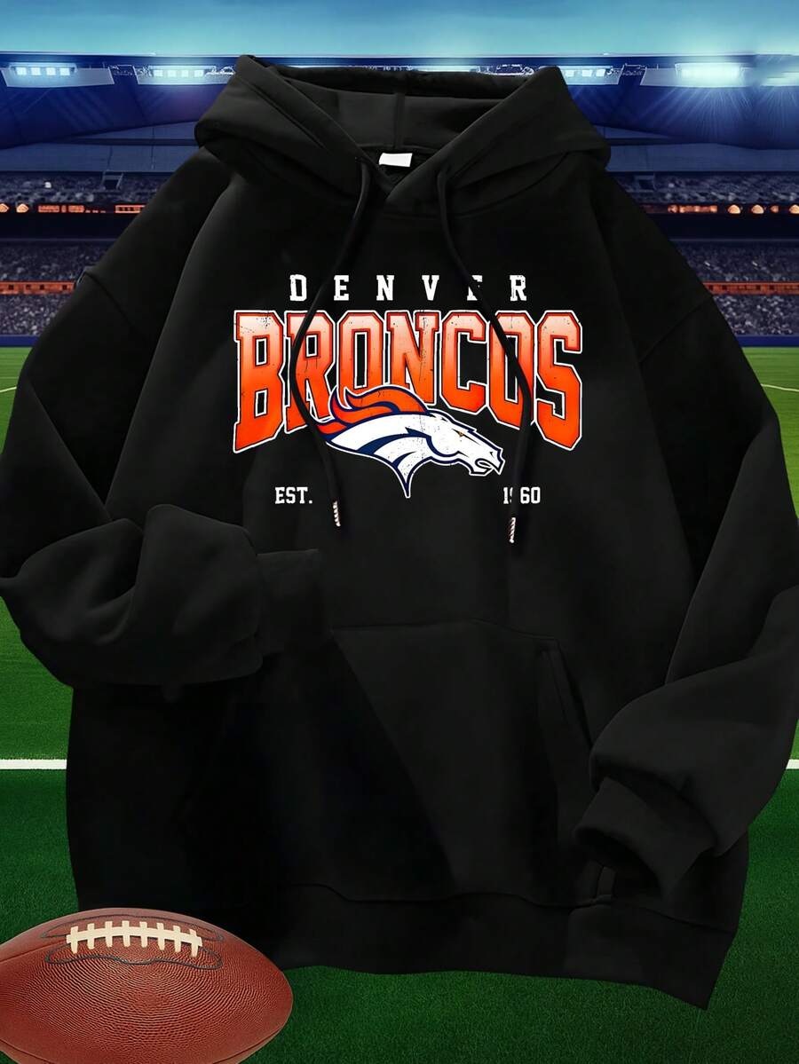 Men's Drop Shoulder Long Sleeve Drawstring Pocket Casual Hoodie Autumn Winter Back To School Denver Broncos Football Team Logo Print Sweatshirt For Men Sports Fan Apparel - màu đen - Xem 1