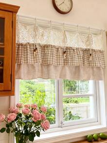 1pc Boho Style 3 Layers Cafe Curtain Valance- Crocheted Floral Pattern, Lattice Pattern, Splicing With Solid Color Linen Fabric, Farmhouse Style Short Cafe Curtain Valance Tier For Kitchen Bathroom Window Sling Top - Beige - View 6