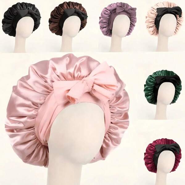 1件装奢华真丝缎面睡帽，可调节抽绳，舒适贴合 - 男女通用夜间护发，舒适荷叶边设计，贴合头部，保护秀发 | 缎面睡帽 | 光滑缎面