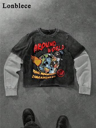 Lonblece 1pc Unisex Distressed Denim Look Cartoon Graphic Print Long Sleeve Top, Streetwear Patchwork Design Casual T-Shirt, Youth Everyday Wear