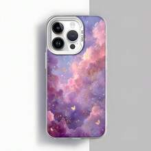 Cubierta de teléfono con diseño de nubes púrpura y rosa con mariposas doradas para iPhone 14 Pro Max estilo elegante para uso diario en casa y trabajo Aplicable a teléfonos Apple y Galaxy. - Blanco - Ver 2