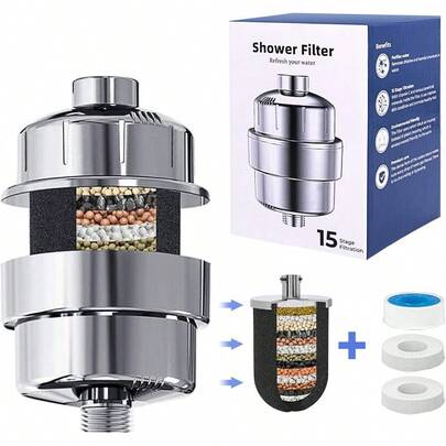 15Stage Shower Head Filter Bath Hard Water Filters KDF Vitamin C Filters Chlorine Remover1 Cartridges Included Consistent Water Flow Showerhead Filter