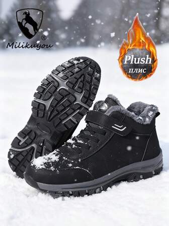 Milikuyou Black Casual Sports Shoes Couple Style, Men's Snow Sports Shoes, Hiking Shoes, Men's Snow Shoes, Outdoor Hiking Shoes, Warm Fleece Sports Shoes, Walking Shoes, Camp Shoes, Black Color, Suitable For Cold Weather In Autumn/Winter, Hiking, Outdoor Camping, Casual Sports, Hunting, Outdoor Photography, Exploration, Durable Anti-Slip All-Terrain Grip, Size 35-46 (Asymmetrical Pattern)