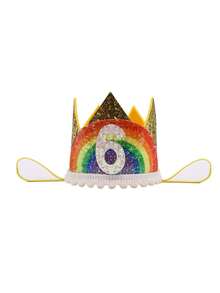 Sombrero de fiesta de cumpleaños con corona dorada con brillo arcoíris y dibujos animados, números adhesivos hechos a mano 1 2 3 4 5 6 7 8 9 corona arcoíris, sombrero de corona para fiesta de eventos festivos, sombrero de fiesta de cumpleaños - Dorado - Ver 18