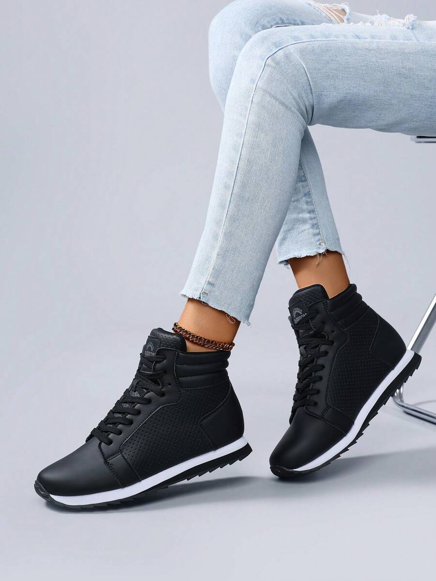 女士复古简约设计圆头系带踝靴，透气舒适，原创学院风，四季皆宜的百搭休闲鞋 - 黑色 - 查看 1