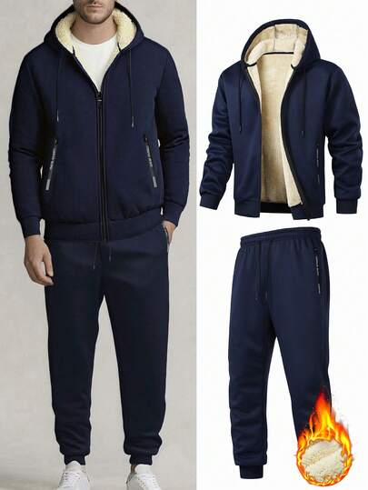 2pcs Men's Thermal Lined Hooded Jacket & Pants Set, Warm Sportswear For Vacation, Outdoor, Hiking, Cycling, Fitness, Running