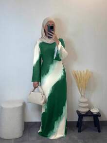 Elegant Arabic Style Mid-Length Dress, Women's, Long Sleeve Round Neck, Knitted Fabric, Medium Stretch, Tie-Dye Pattern Eid - Dark Green - View 4