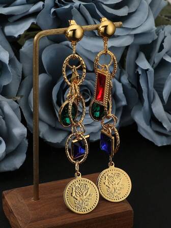 1对阿拉伯畅销硬币耳环，女士长款彩色立方氧化锆流苏耳环