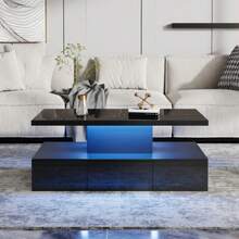Two-Tier Coffee Table For Living Room With 16-Color LED Light, High-Gloss Living Room Table, Sofa Table With Open Display Shelf And 1 Sliding Drawer, Small Rectangular Coffee Table, Black - Black - View 1