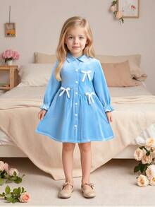 Elegant & Fashionable Casual Solid Color Turndown Collar Long Sleeve Bow Decor Girls Dress, Autumn/Winter
