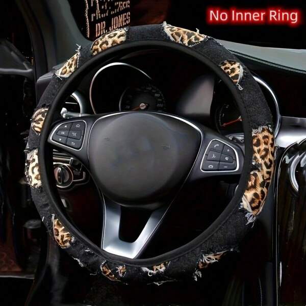 15 Inch Leopard Print Denim Steering Wheel Cover For Car