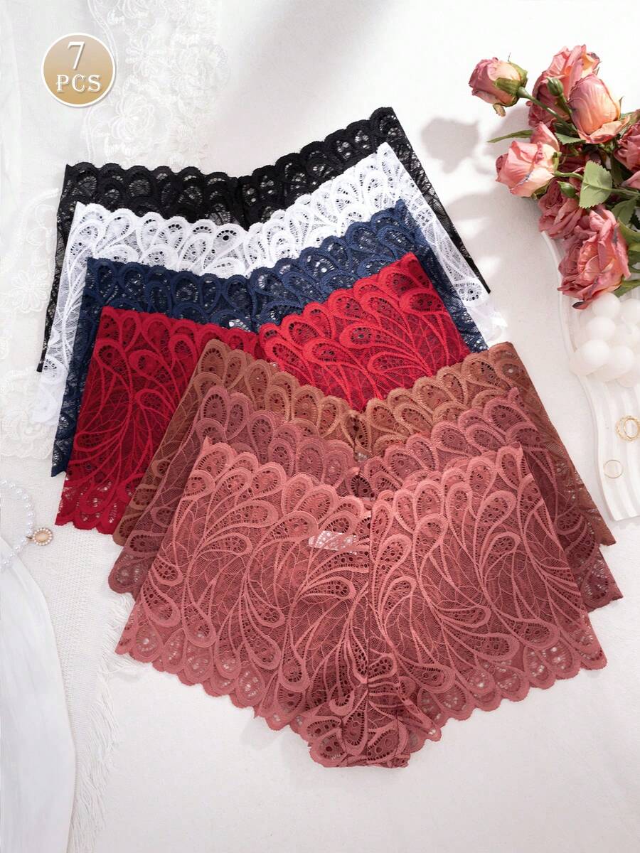 7pcs/Pack Women's Lace Patchwork Semi-Sheer Sexy Low Waist Briefs Panties - Multicolor - View 1